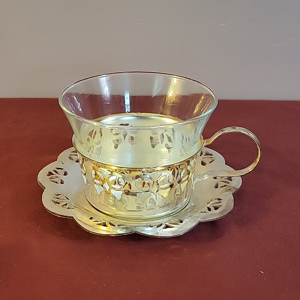 Clear Glass Teacup with Silver Plated Metal Saucer, made in Germany-latticework